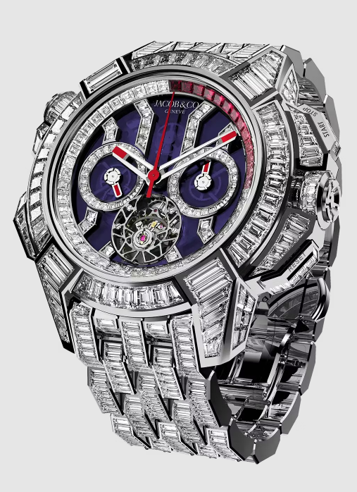 Review Jacob & Co epic x chrono tourbillon baguette BLUE CRYSTAL BRACELET EC380.30.BD.AA.A30BD Replica watch